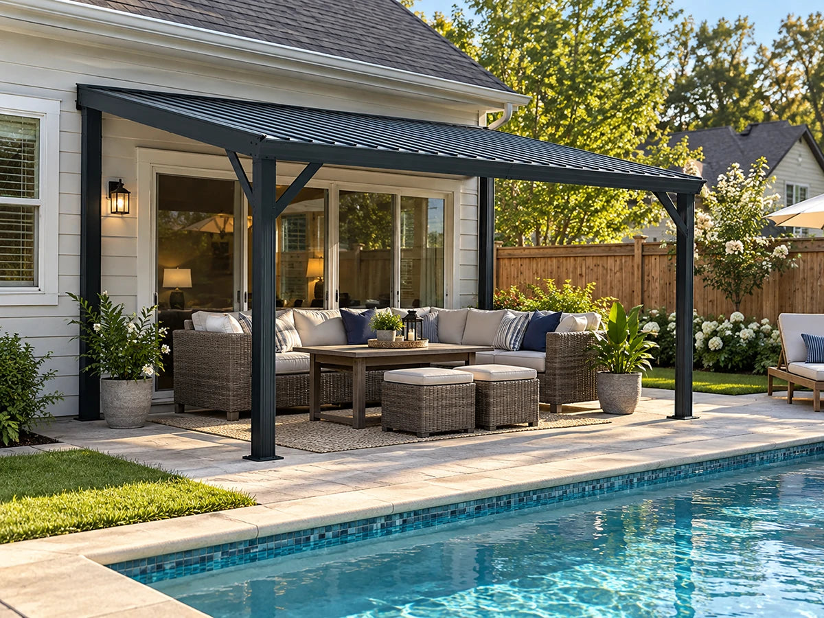A modern outdoor patio gazebo with a dark gray slatted roof and black support posts, sheltering a wicker sectional sofa, coffee table, and ottomans next to a swimming pool.