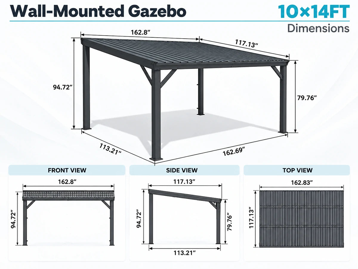 A dimension diagram of a wall-mounted gazebo with labeled measurements for a 10x14FT gazebo, including front view, side view, and top view, on a white background.