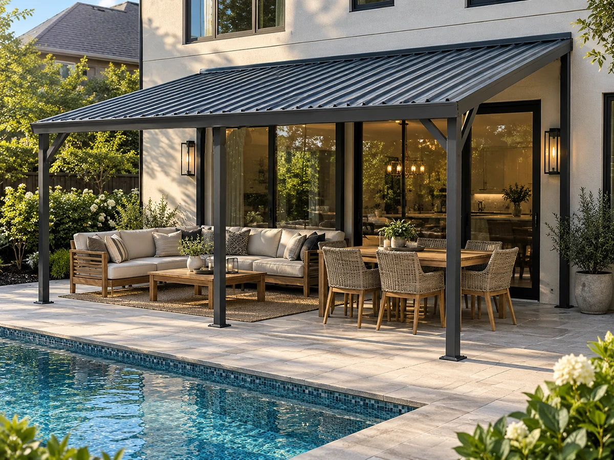 A modern metal patio cover with a corrugated roof over a sunroom, featuring a built-in outdoor seating area with a sofa, coffee table, dining set, and a swimming pool in the foreground.