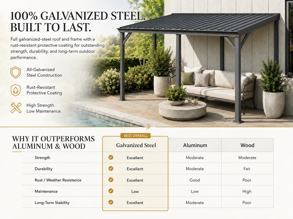 A large outdoor pergola with a black metal frame and roof, shown under a white patio cover with a sofa and plants. The image includes marketing text about 100% galvanized steel and a comparison table comparing galvanized steel to aluminum and wood.
