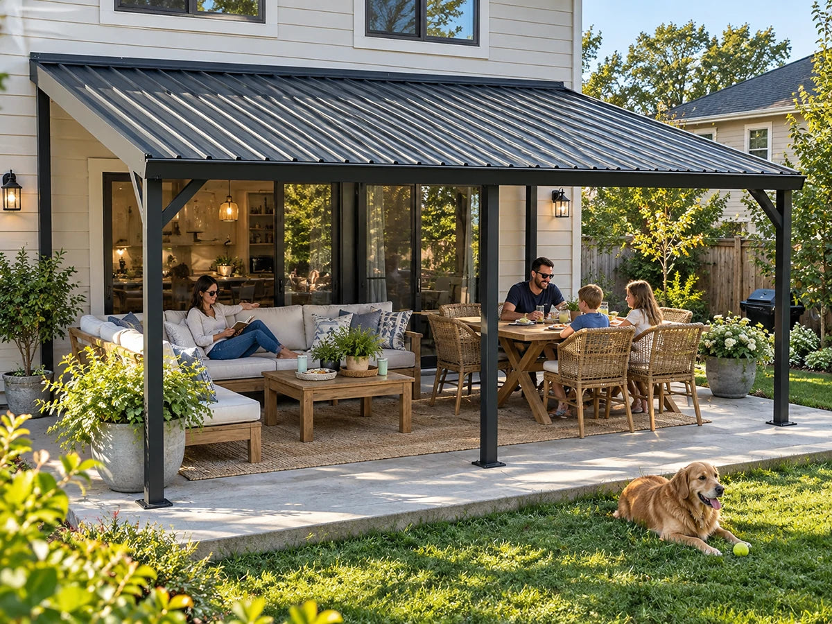 A large outdoor patio cover with a black corrugated metal roof and black support posts, sheltering a patio area with a sofa, dining table, and coffee table. A family is seated under the cover, and a golden retriever lies on the green lawn in the foreground.