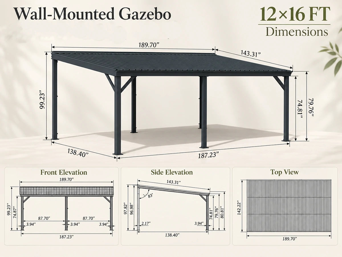 A wall-mounted gazebo patio cover shown with labeled dimensions and multiple view diagrams: front elevation, side elevation, top view, and a main perspective rendering. Text at the top reads 'Wall-Mounted Gazebo' and '12x16 FT Dimensions'.