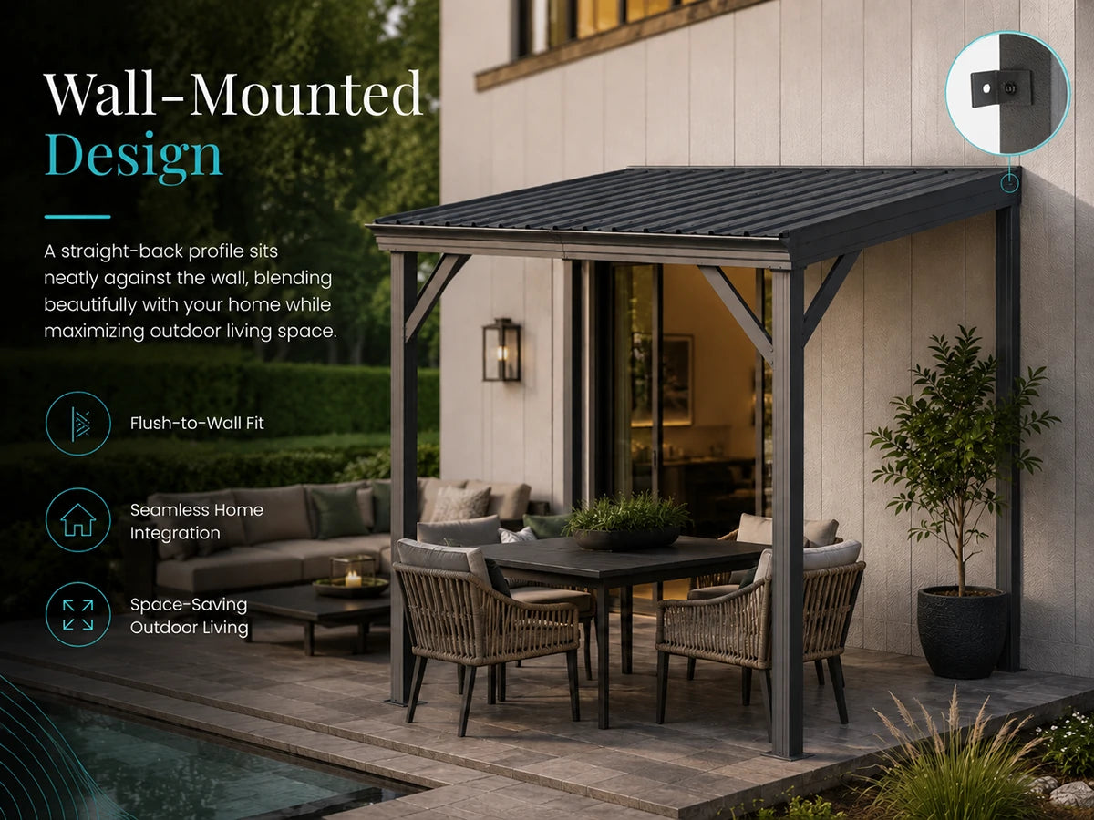 A wall-mounted outdoor patio cover with a dark gray metal roof and frame, shown installed against a house exterior. The cover shelters a dining table and chairs on a patio, with a sofa and pool visible nearby.