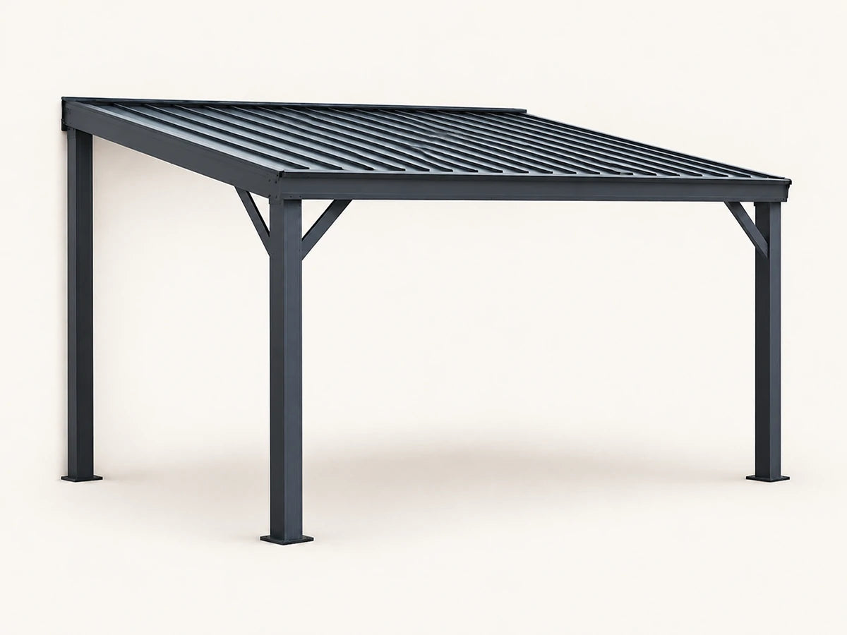 A modern rectangular patio pergola with a dark gray slatted roof and four sturdy legs, shown against a plain off-white background.