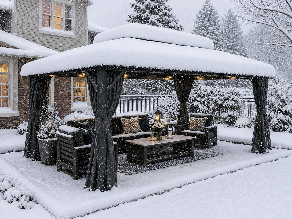 A snow-covered outdoor patio hardtop gazebo with dark gray curtains and a matching snow-covered roof, surrounded by a snow-laden backyard with a house, trees, and a furnished seating area.