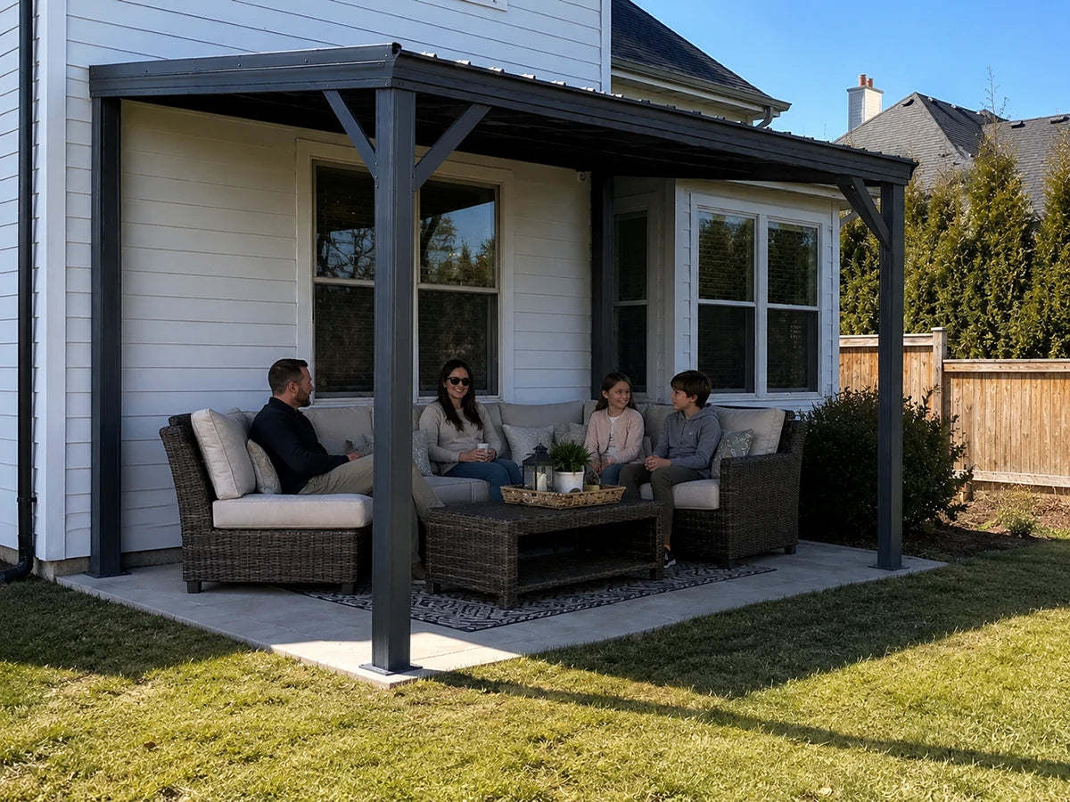 A dark gray covered patio set with wicker furniture and four people sitting outdoors on a sunny day next to a white house.
