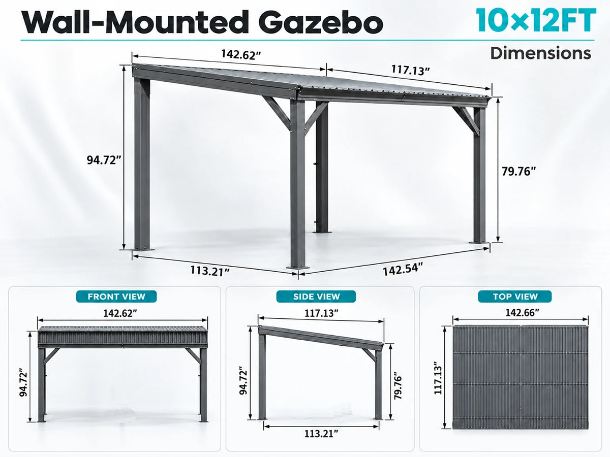 A dimension diagram for a wall-mounted gazebo, showing a 10x12FT metal gazebo with labeled front, side, and top views and measurements in inches on a white background.