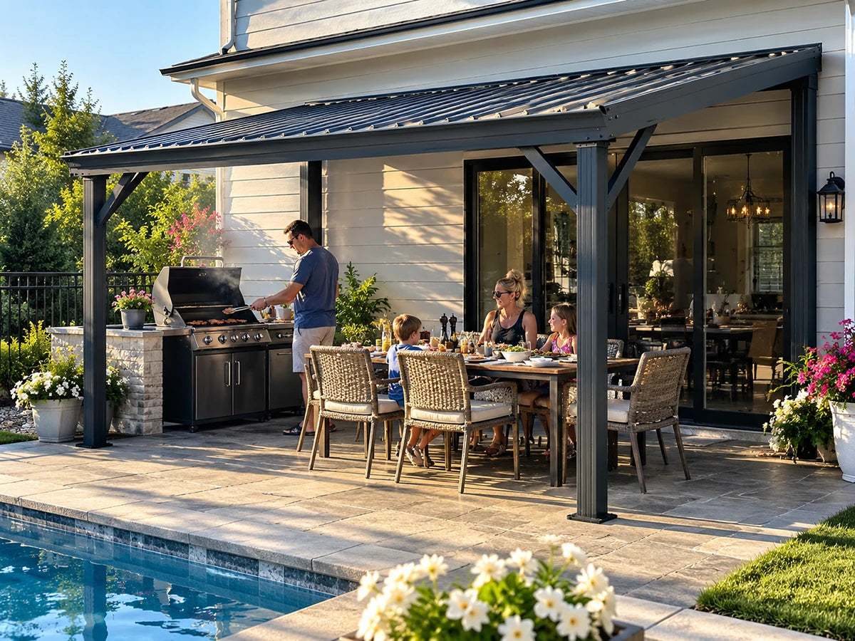 A large black metal patio cover with integrated grill and dining set on a stone patio by a swimming pool, with a family dining under the cover in a sunny backyard.