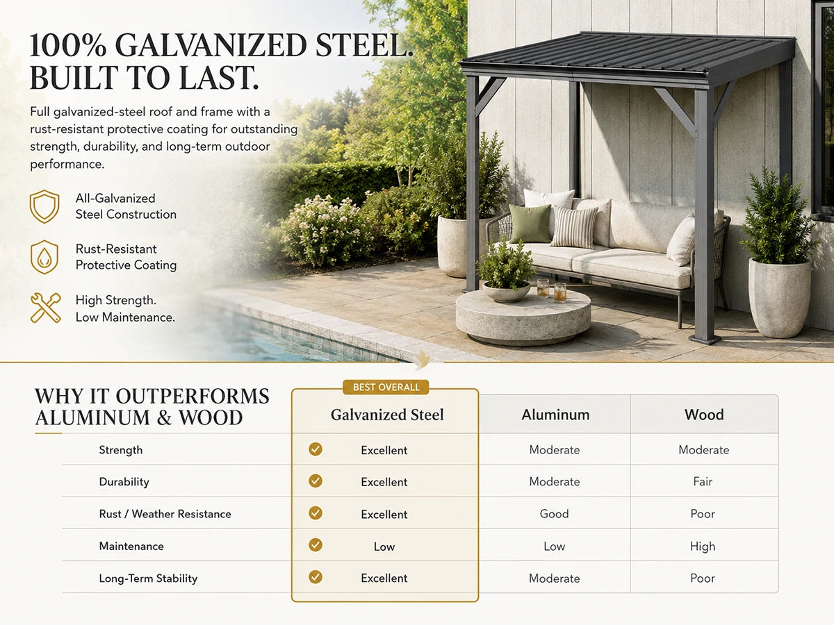 A promotional graphic for a galvanized steel patio cover, showing a black metal pergola structure over a patio with a sofa and plants. The image includes marketing text about 100% galvanized steel construction, comparison benefits over aluminum and wood, and a feature table.