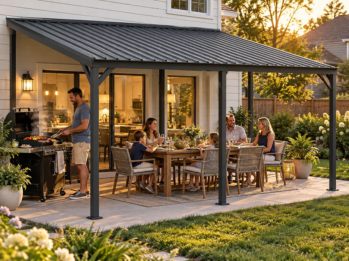 A dark gray metal patio cover with a matching roof is installed over a backyard dining area and grill space, with a family eating at a wooden table and a man grilling nearby. The scene is set in a well-landscaped garden at sunset.