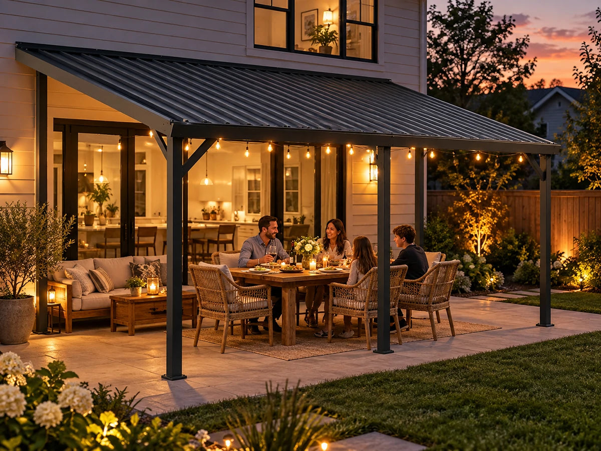 A dark metal patio cover with string lights shelters a dining table and four people at dusk, with a lit house interior, lawn, and garden in the background.