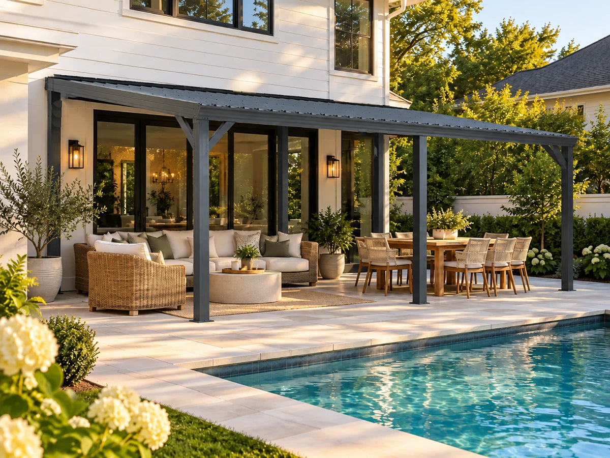 A modern outdoor patio pergola with a dark gray roof and support beams, featuring a built-in seating area with a wicker sofa, a round fire pit, and a dining set. The patio is situated next to a swimming pool on a sunny day, with a white house and green trees in the background.