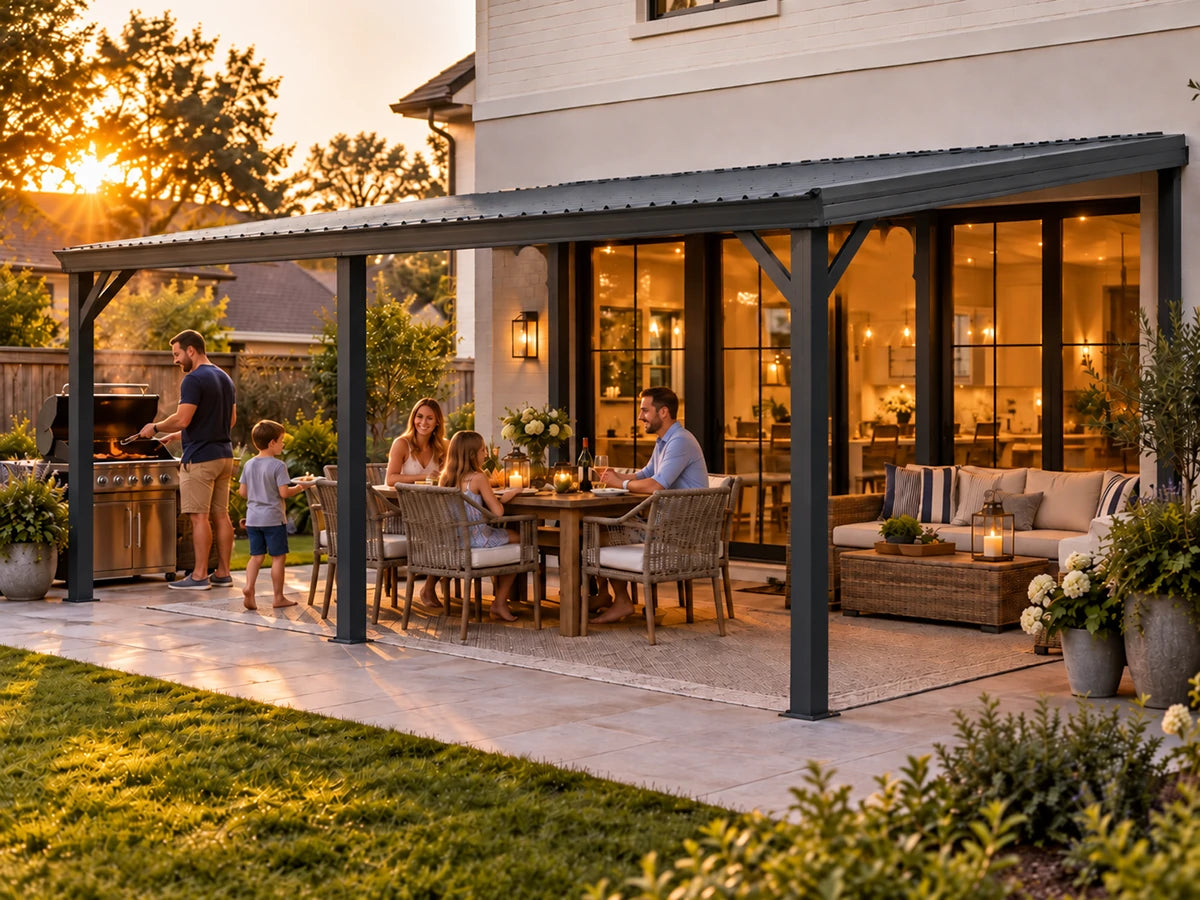 A large dark green metal patio cover with a matching outdoor dining set and seating area, shown in a backyard setting with a family dining under the cover, a man grilling, and a sofa inside the house.