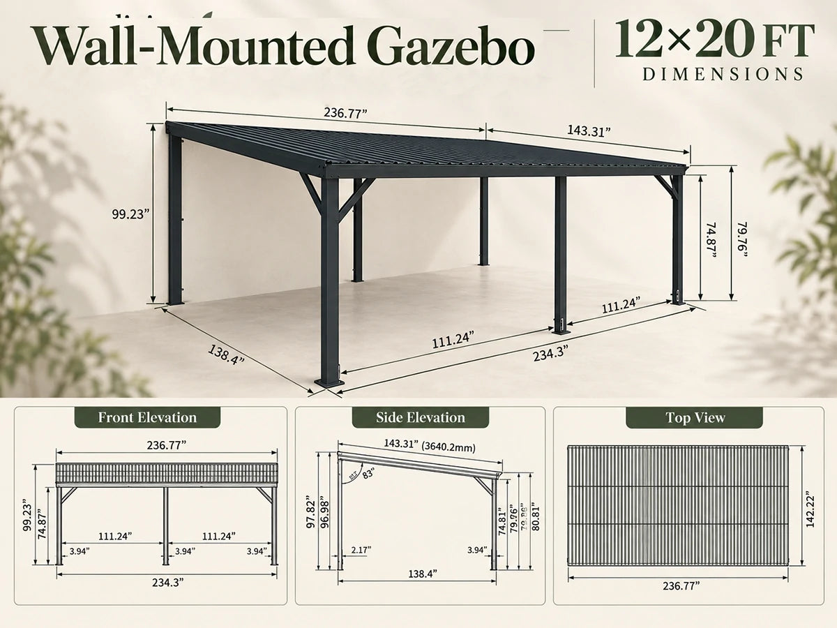 A wall-mounted gazebo carport shown with labeled dimensions and three smaller technical views below. The main product is a dark metal rectangular gazebo with support posts and a slatted roof, on a light beige background with decorative leaf shadows.