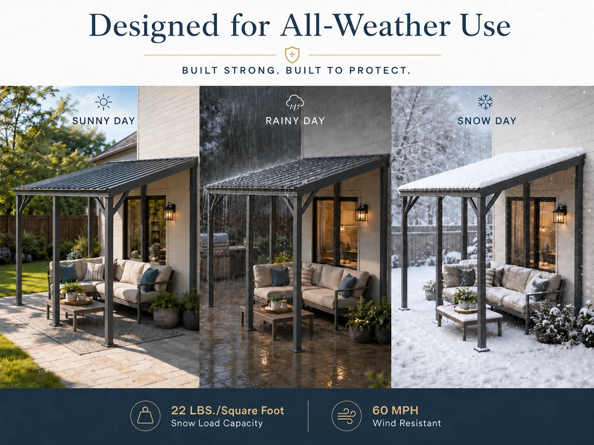 Promotional graphic for an outdoor patio cover showing three weather conditions side by side: sunny day, rainy day, and snow day. The cover is mounted on a house exterior and shelters patio furniture.