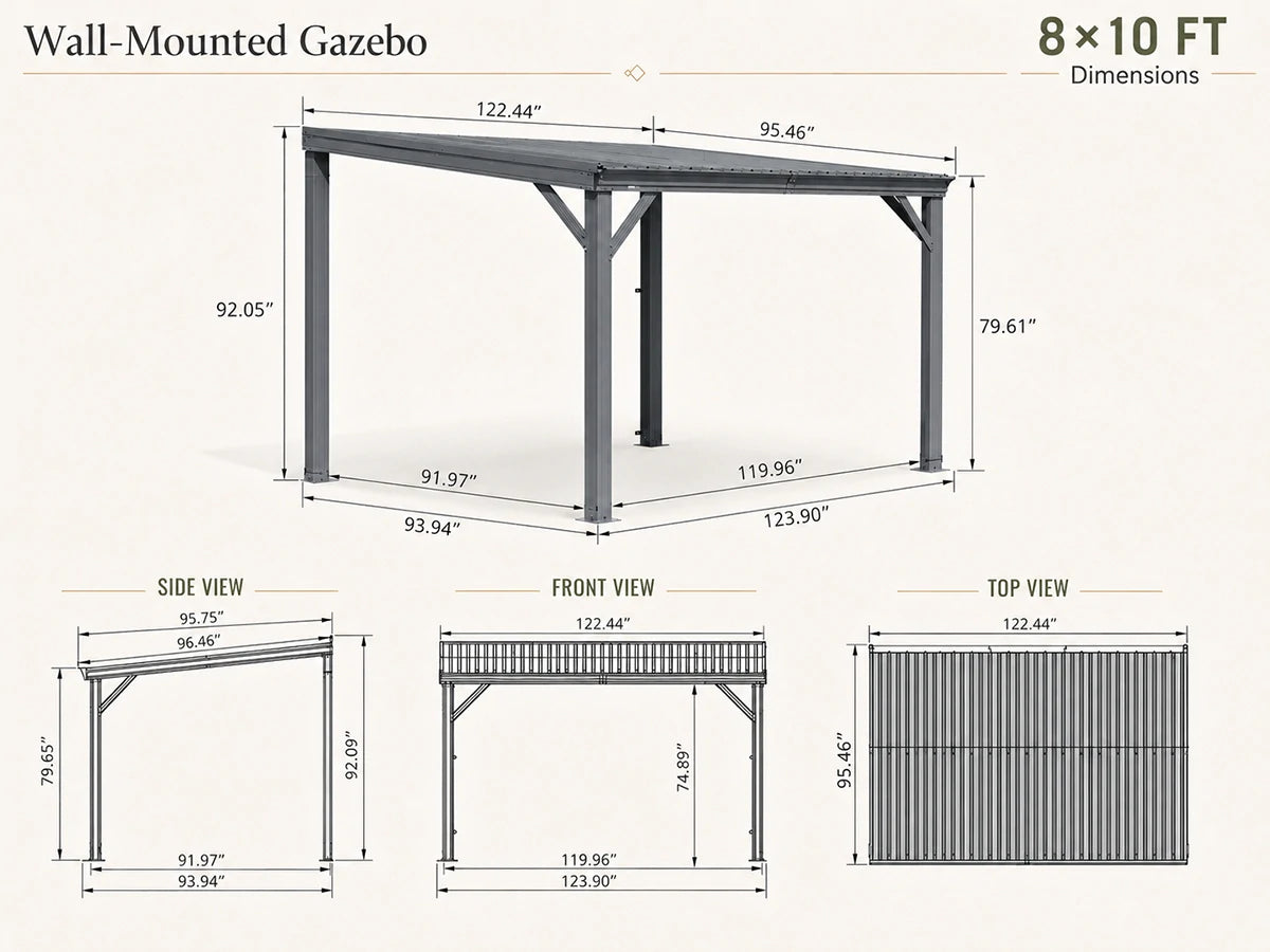 A dimension diagram for a wall-mounted gazebo canopy, showing a large top-down front view with measurements, plus side view and front view cross-sections below. Text at the top reads 'Wall-Mounted Gazebo' and '8 x 10 FT Dimensions'.