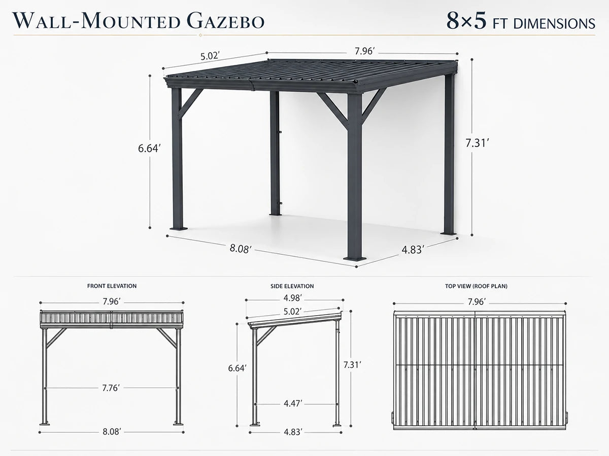 A dimension diagram of a wall-mounted gazebo with labeled measurements for an 8x5 ft outdoor structure, including front, side, and top view elevations on a light gray background.