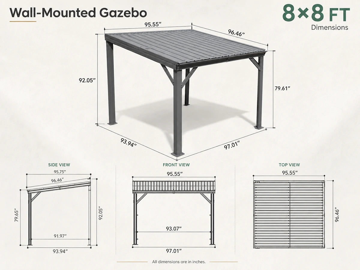 A wall-mounted gazebo patio table shown with dimension callouts and multiple view diagrams on a light beige background. The main central view shows the table from above with labeled measurements, and smaller side, front, and top views below.