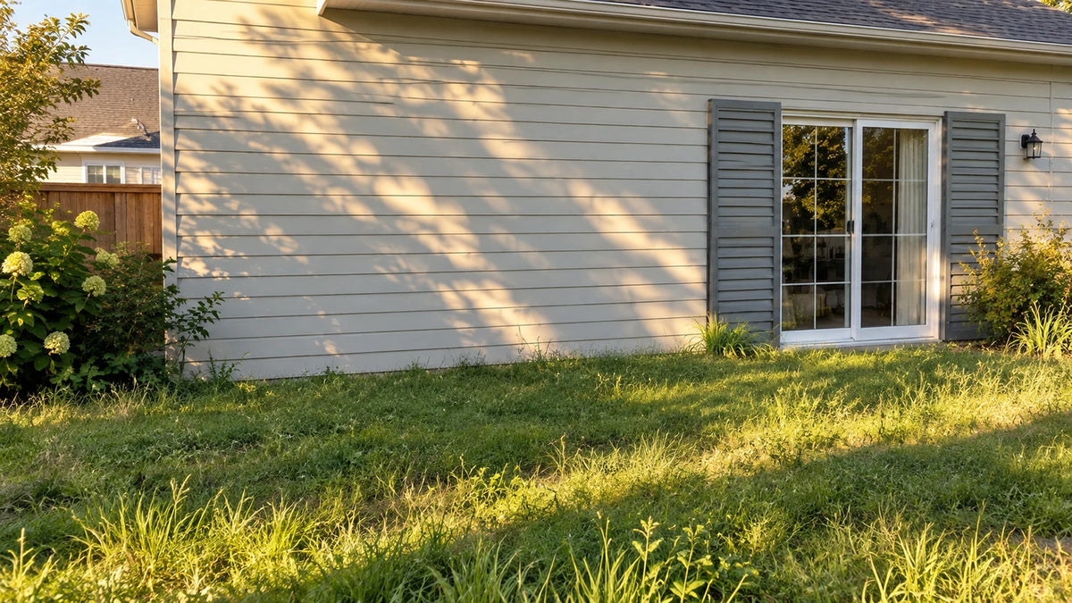 A beige vinyl home exterior siding with gray shutters and a white sliding glass door, set in a grassy yard with dappled sunlight.