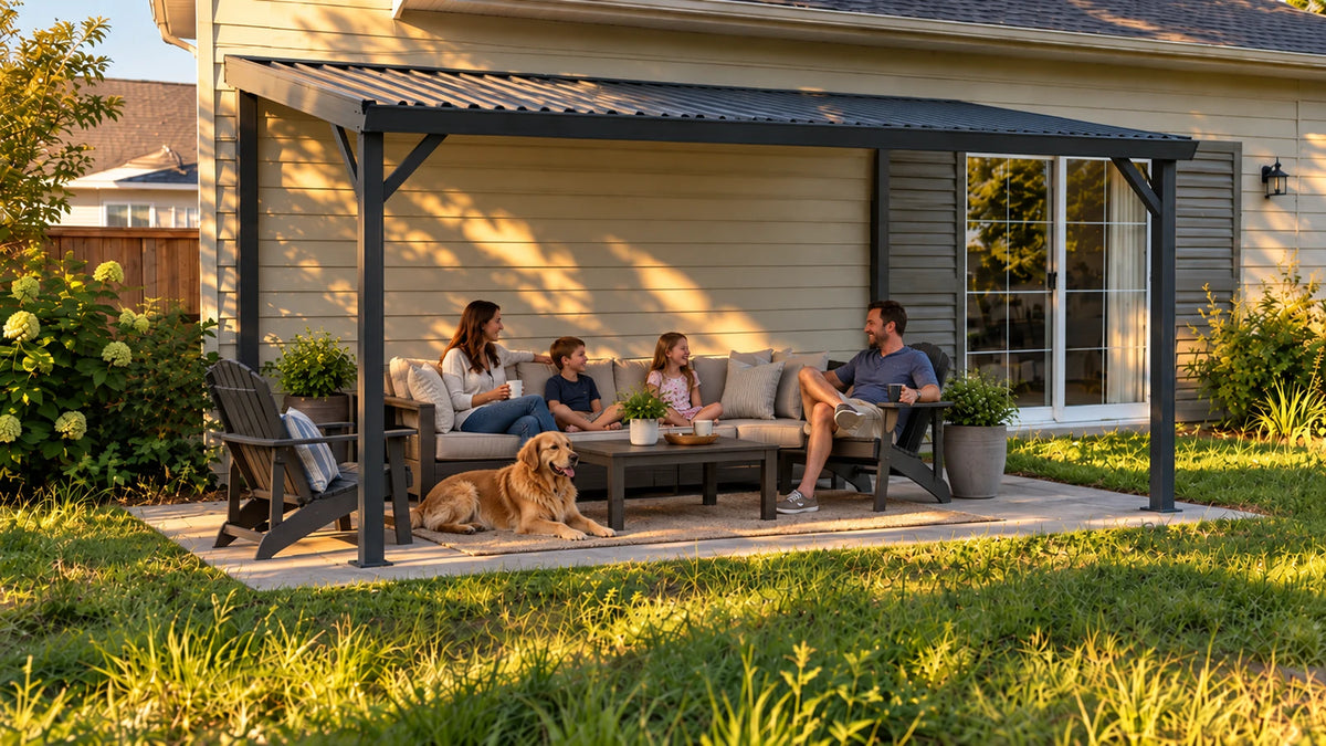 A family of four and their golden retriever relax on a dark gray metal patio gazebo over an outdoor living room setup with a sofa, coffee table, and chairs on a sunny day.