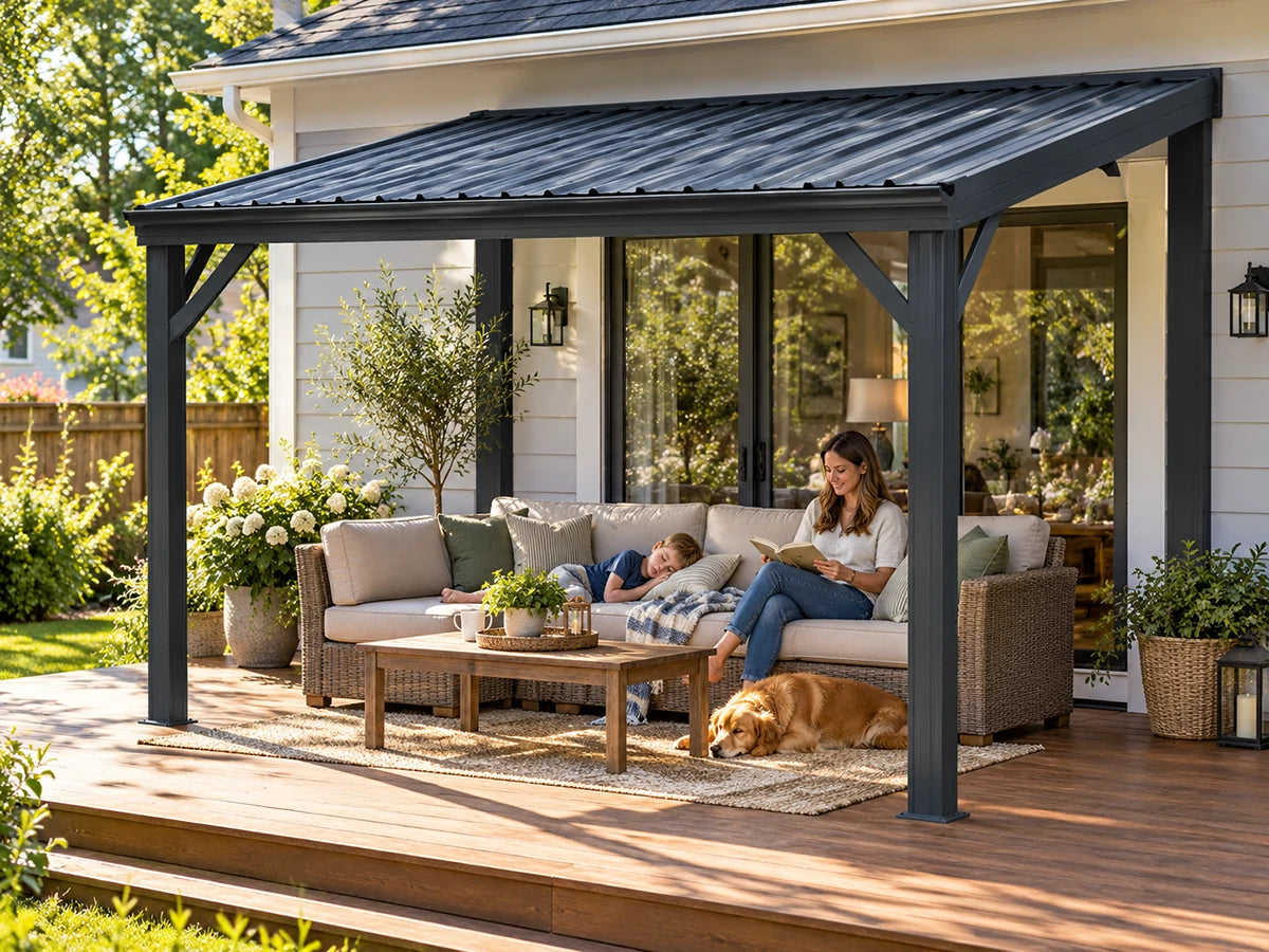 A large outdoor patio gazebo with a dark gray metal roof and dark frame supports a furnished patio area. A woman sits on a beige sectional sofa reading, with a child lying on the couch, a dog on the deck, and a wooden coffee table in front.